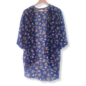 RACHEL & CHLOE Blue Floral Sheer Short Sleeve Kimono